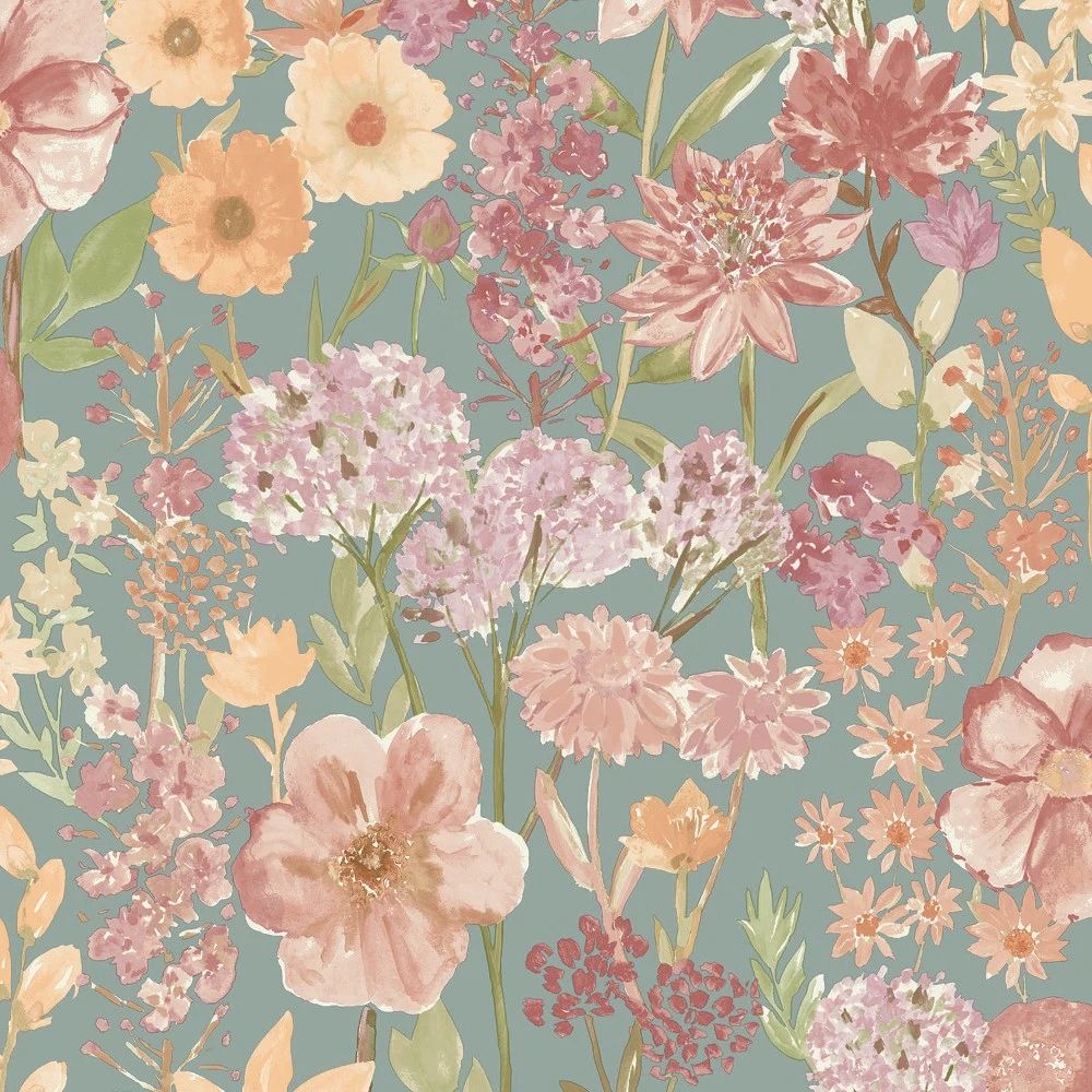 Wildflowers Meadow Blue & Blush Floral Wallpaper A61604