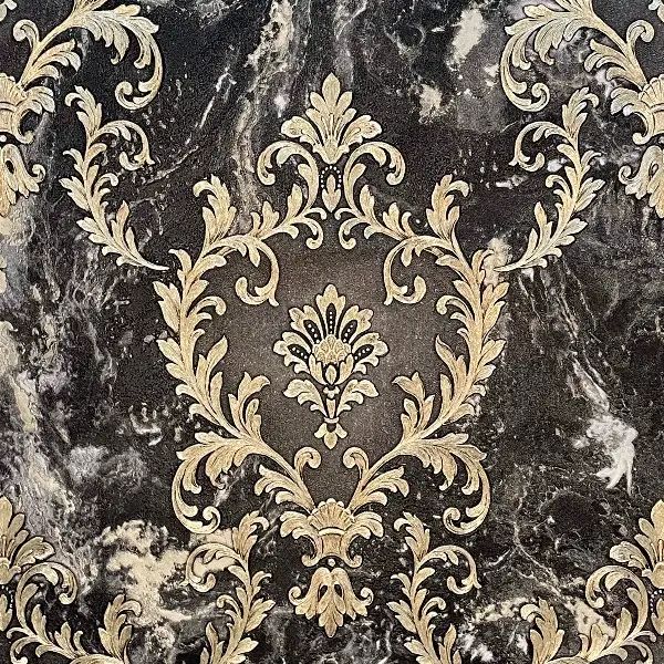 Sienna Damask Black & Gold Vasari Italian Luxury Vinyl Wallpaper 534382