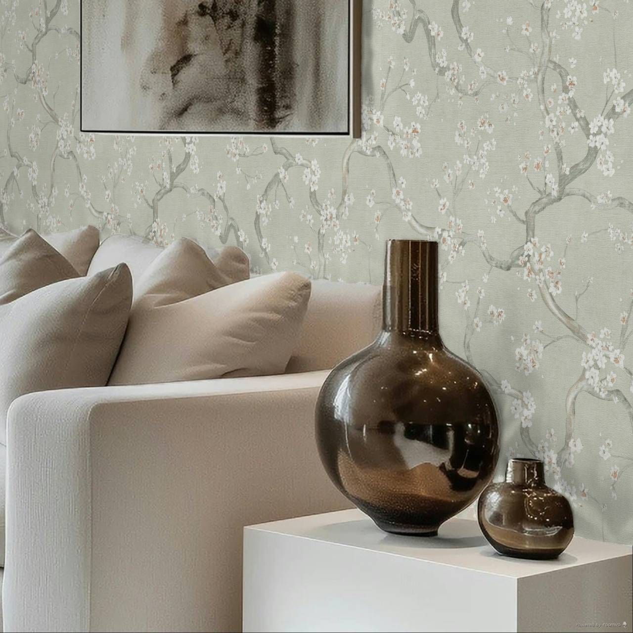Oriental Cherry Blossom Wallpaper in Sage Green