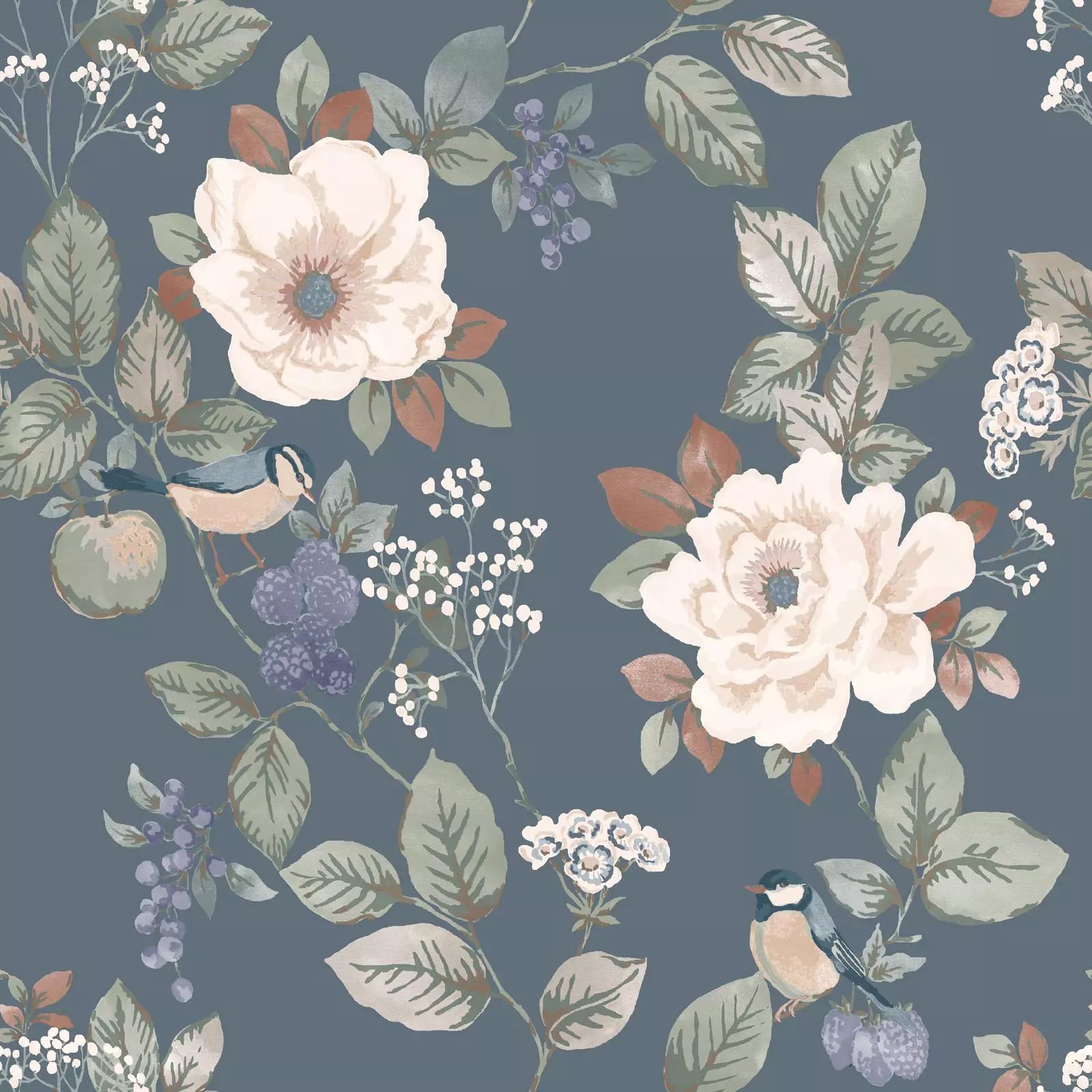 Bramble Floral Charming Country Heritage Blue Wallpaper 2300