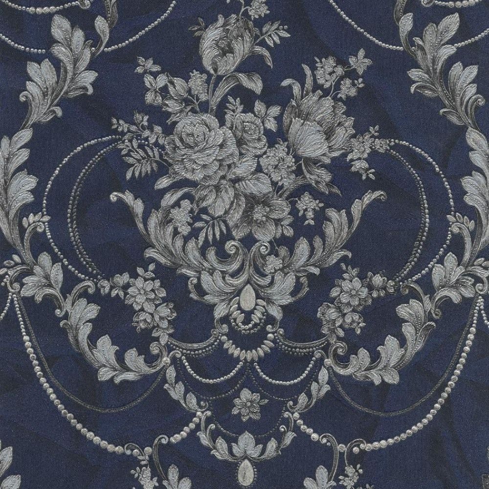 Perla II Navy & Silver Oriental Luxury Damask Vinyl Wallpaper 9086