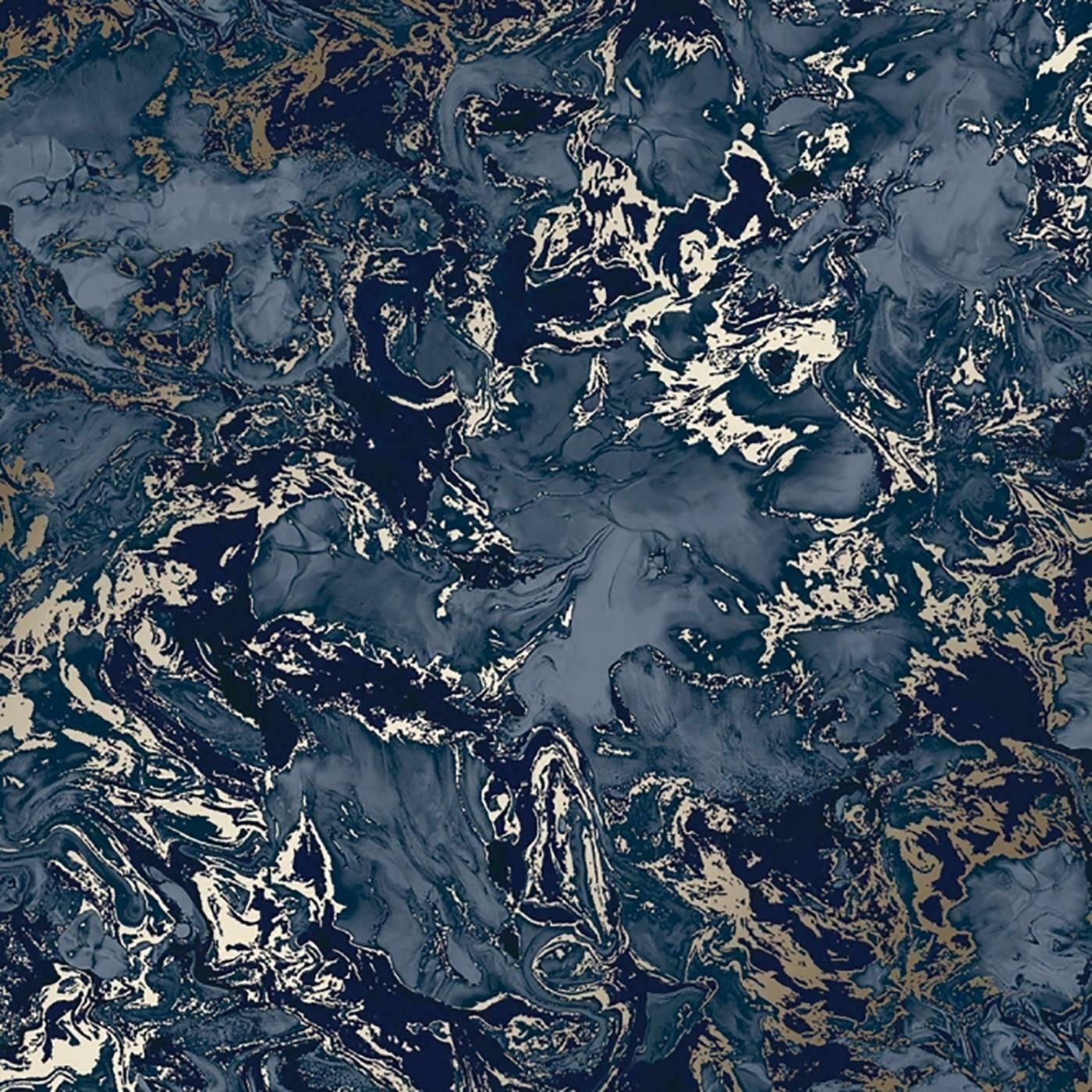Liquid Swirl Marble Navy & Silver/Metallic Champagne Wallpaper 6365