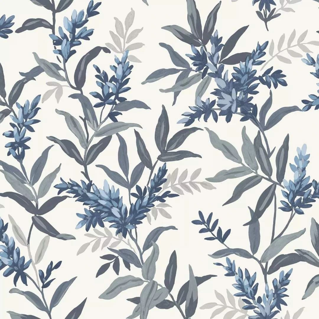 Olivia Floral Blue & Glistening Pearl White Country Wallpaper 5905