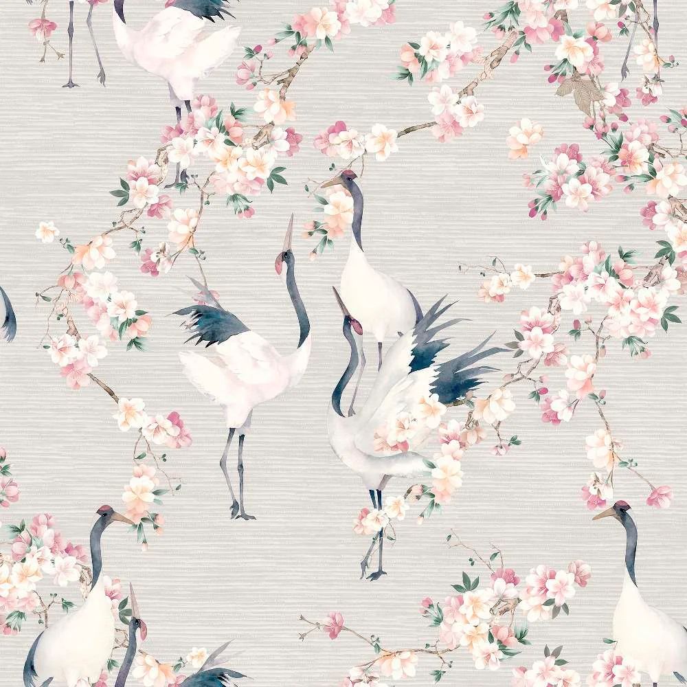 Blossom Crane Natural & Pink Conversational Wallpaper 924800