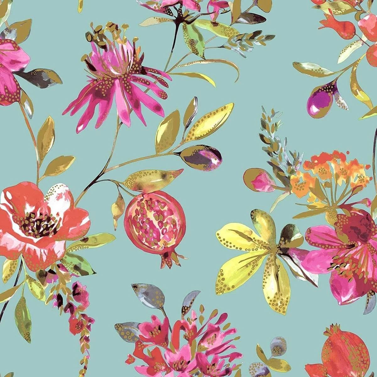 Melgrano Floral Conversational Teal Wallpaper 90520