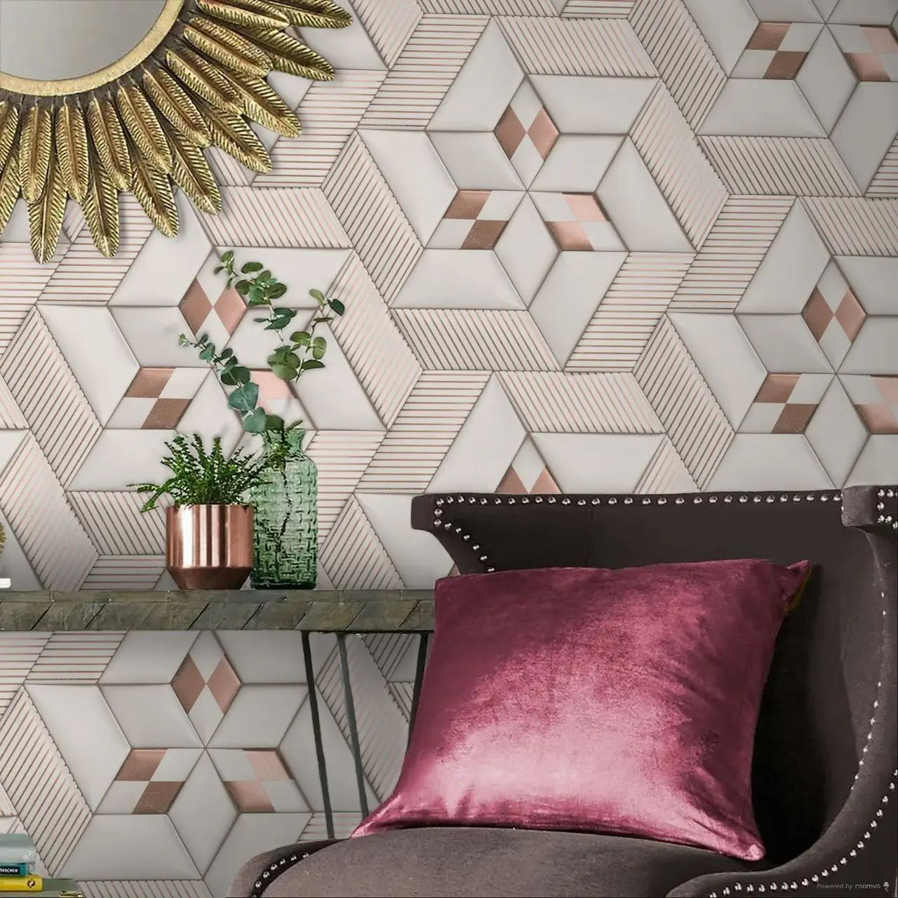 Geometric Star Mural Grey & Metallic Rose Gold Vienna Collection Vinyl 391782