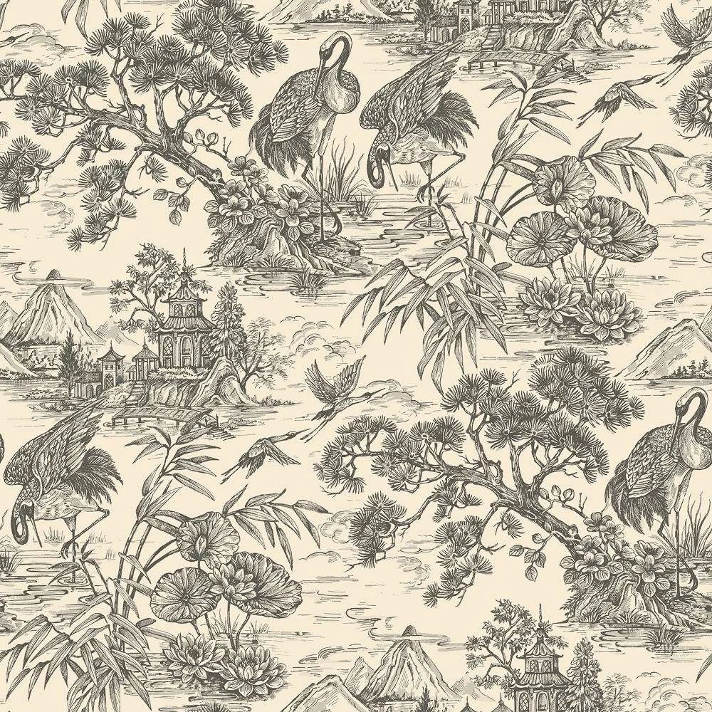 Crane Lagoon Cream & Charcoal Black Japanese Toile Wallpaper 13731