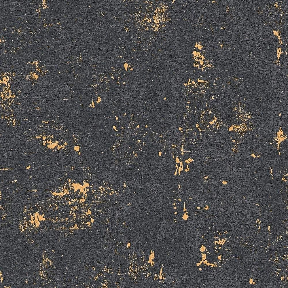 Stone Concrete Black & Metallic Gold Industrial Wallpaper 2307-82