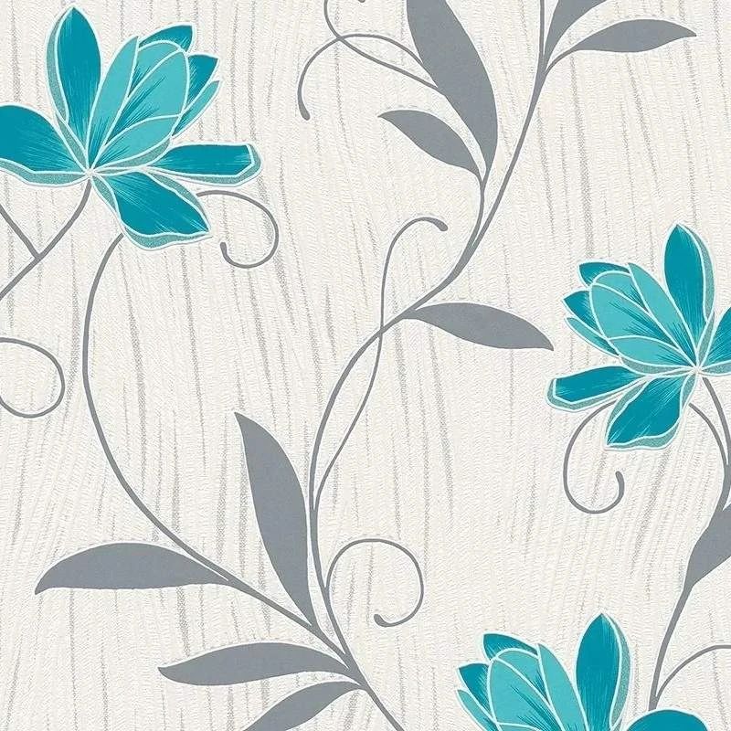 Lotus Floral Trail Teal Leaf Textured Blown Vinyl Wallpaper 3062-10