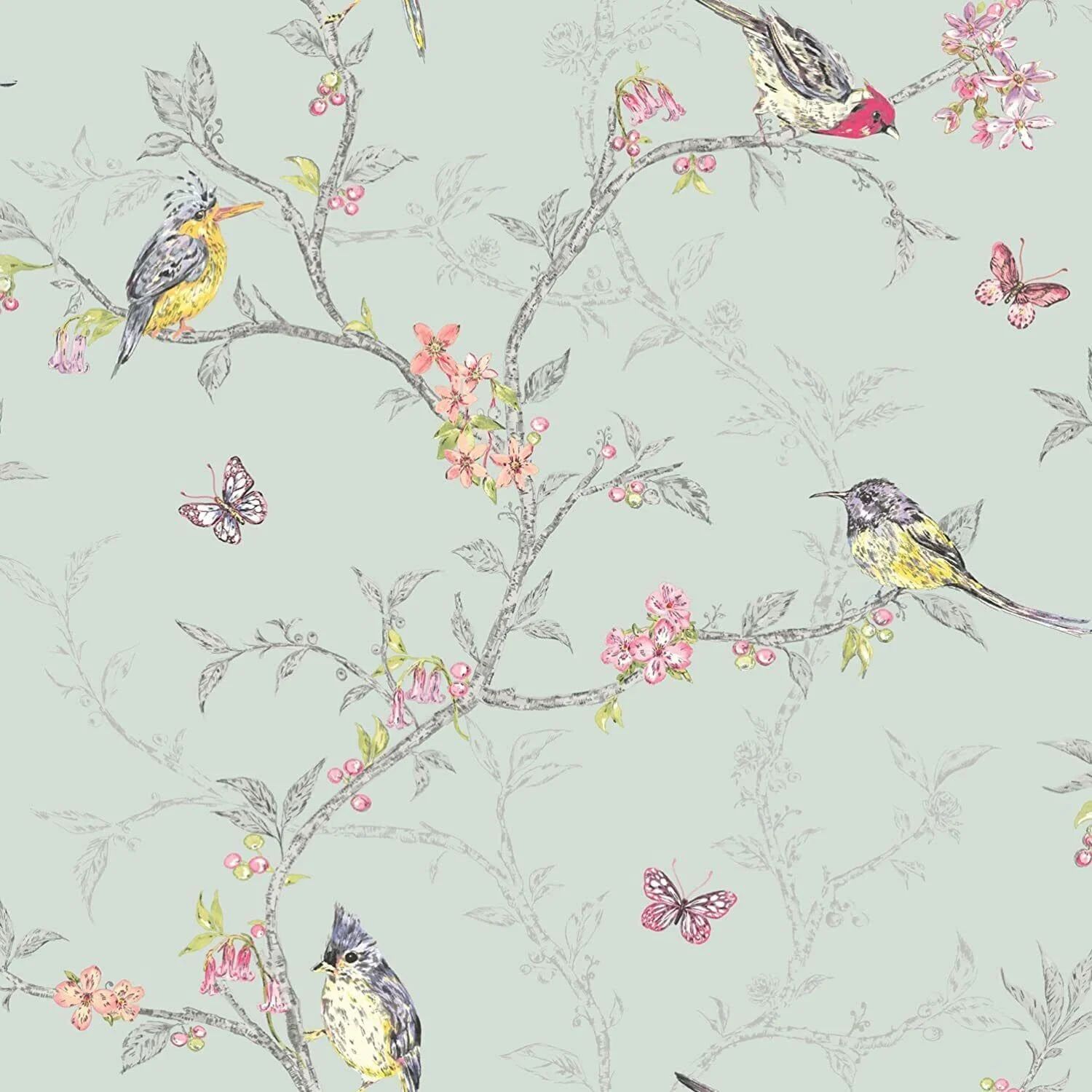 Phoebe Birds Soft Teal Birds and Butterfly Wallpaper 98083
