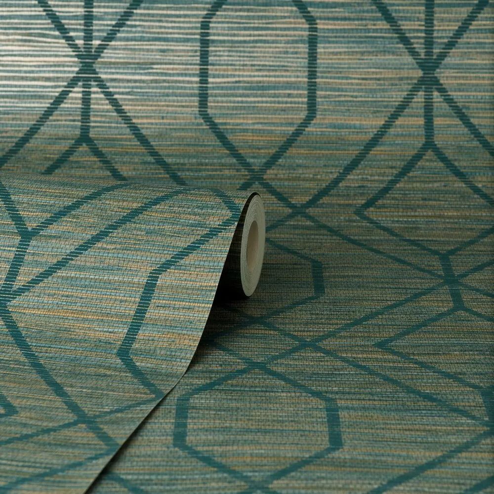Fusion Trellis Geometric Teal Metallic Grasscloth Vinyl Wallpaper M1773