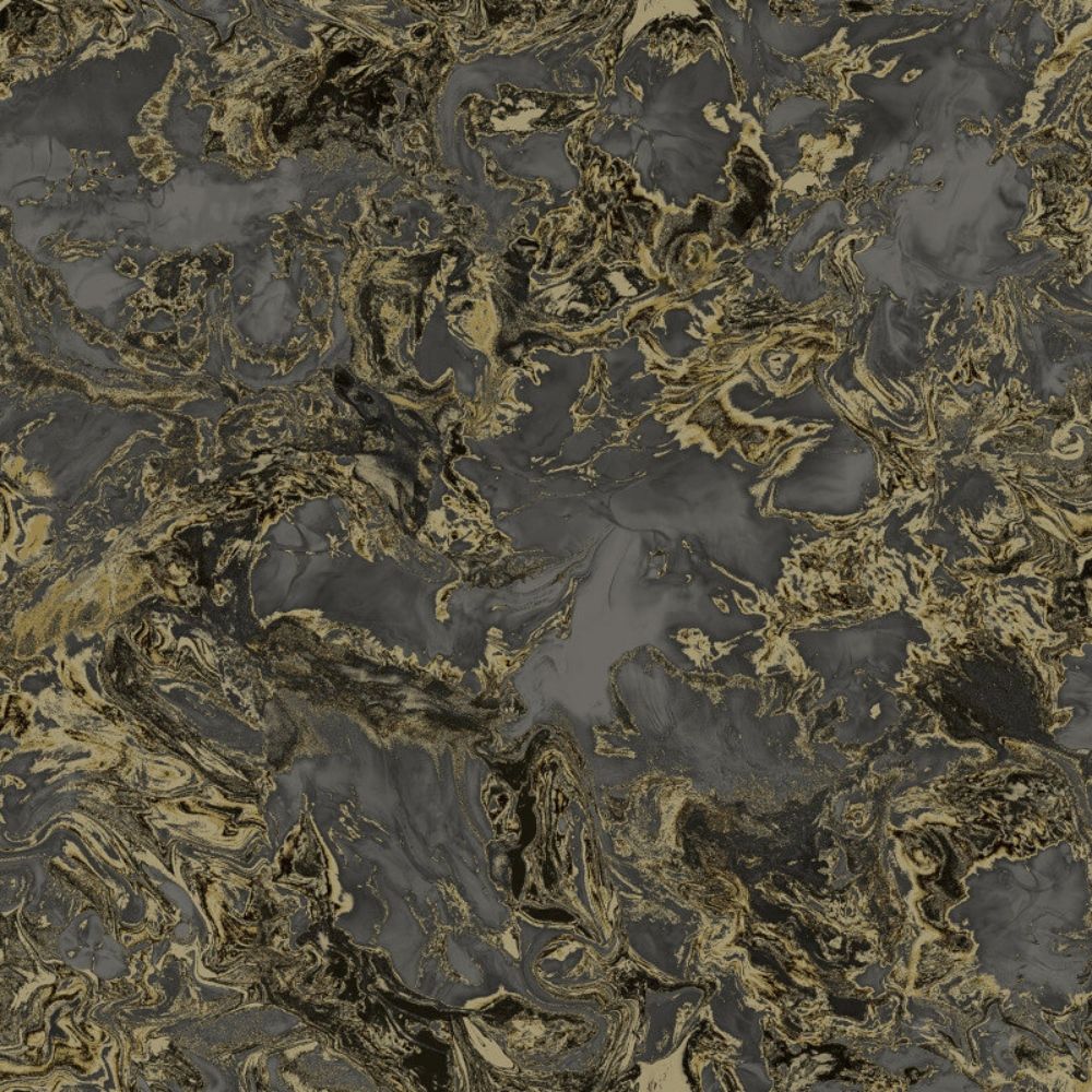 Liquid Swirl Marble Black & Metallic Gold Wallpaper 6357