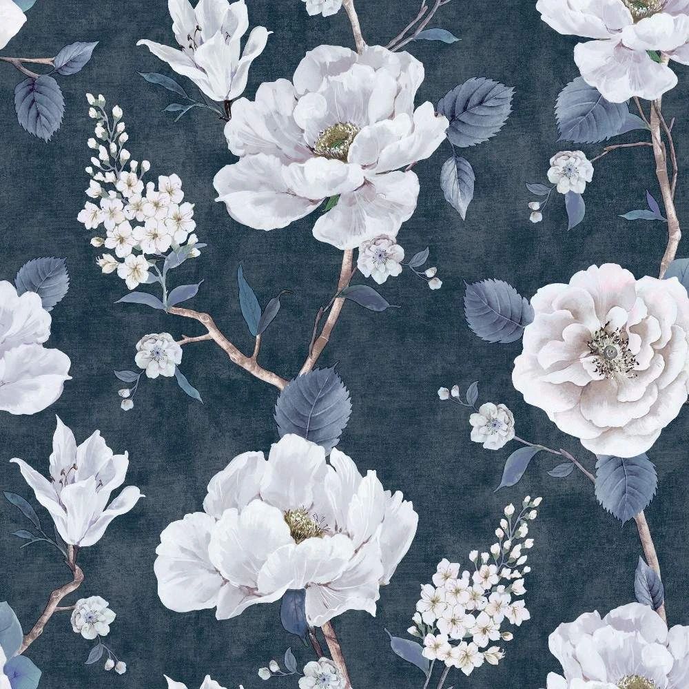 Ashley Floral Navy Blue & Dove White Rose Flowers Wallpaper 925505 