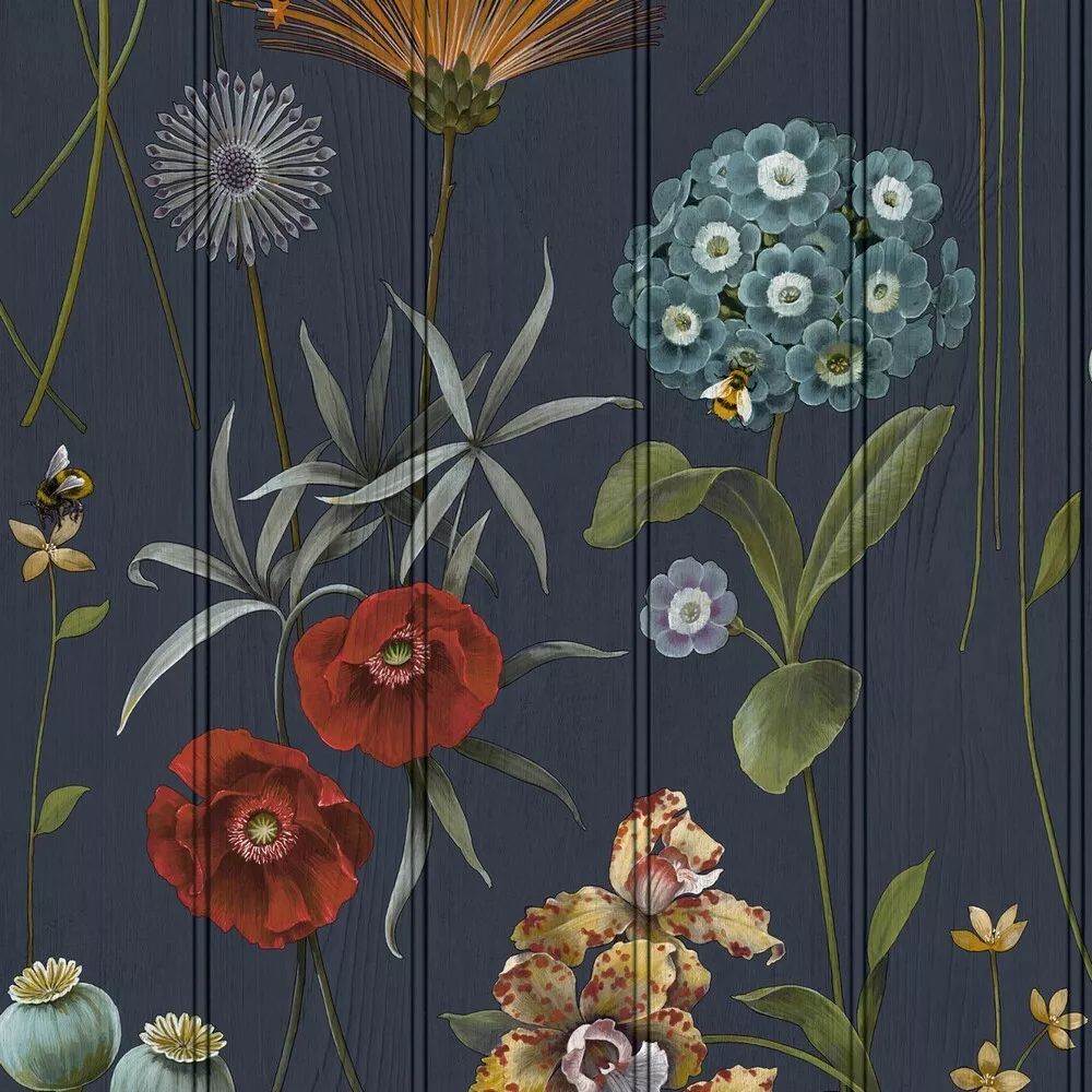 Botanist Hand-Painted Floral Blue & Multicolour Wallpaper 4771