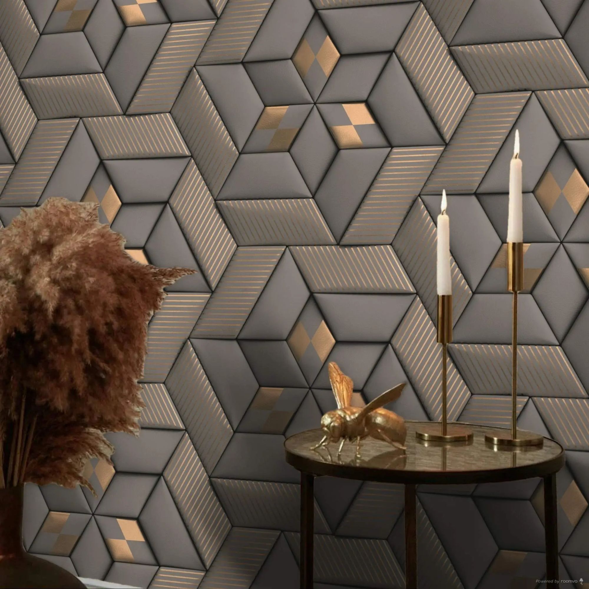 Geometric Star 3D Mural Taupe & Metallic Gold Vienna Collection Vinyl 391781