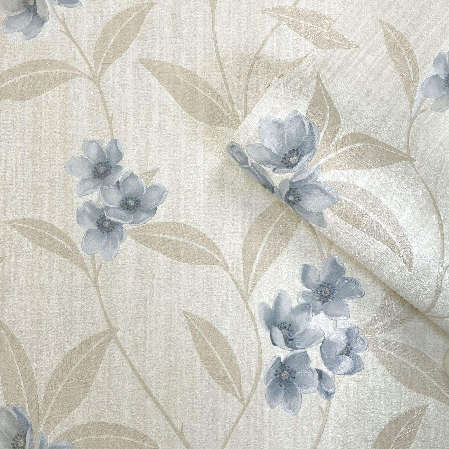 Giovanna Floral Cream & Blue Premium Italian Vinyl Wallpaper 4817