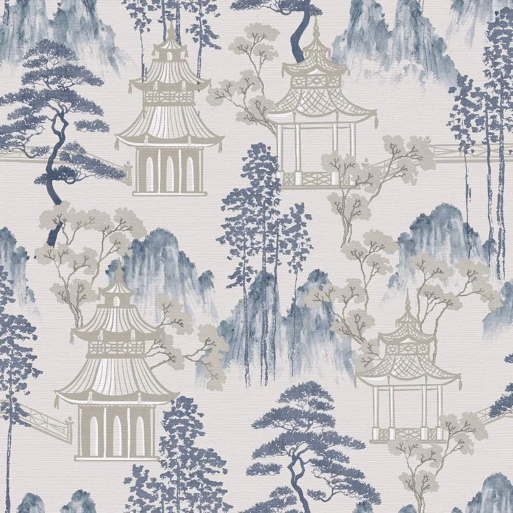 Japanese Pagoda Blue & Grey Wallpaper 924803