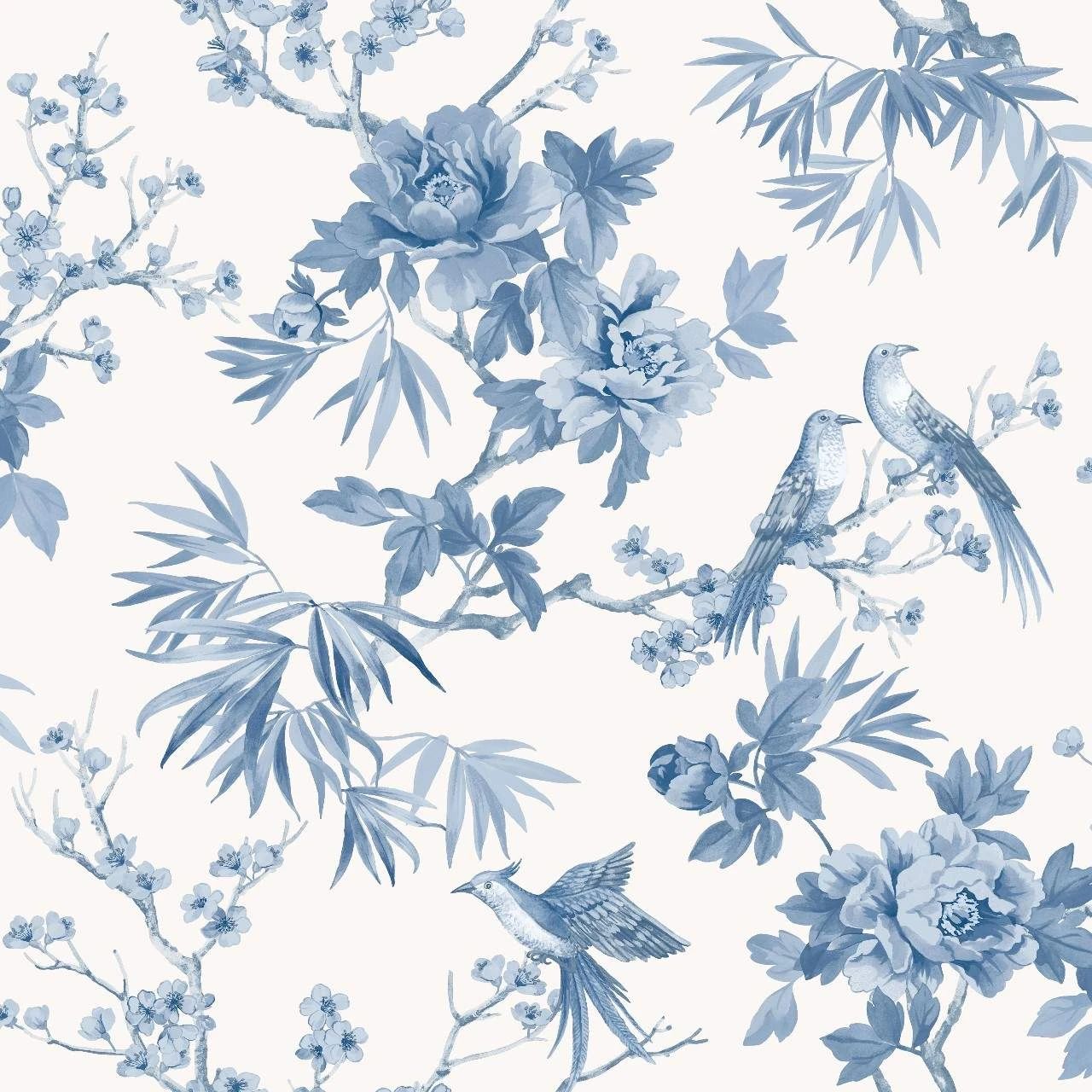 Chinoiserie Cherry Blossom Birds Blue & White Wallpaper 260554
