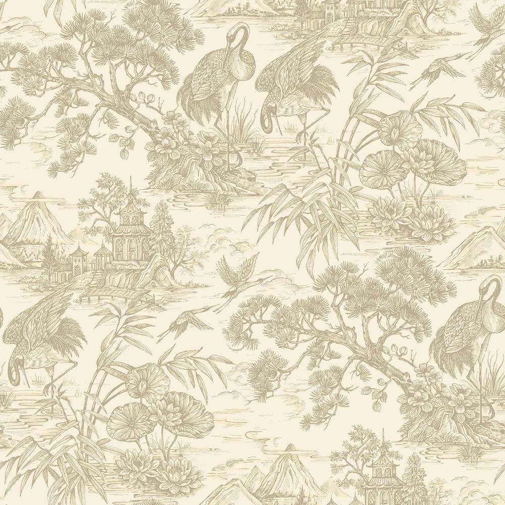 Crane Lagoon Cream Metallic Japanese Toile Wallpaper 13730