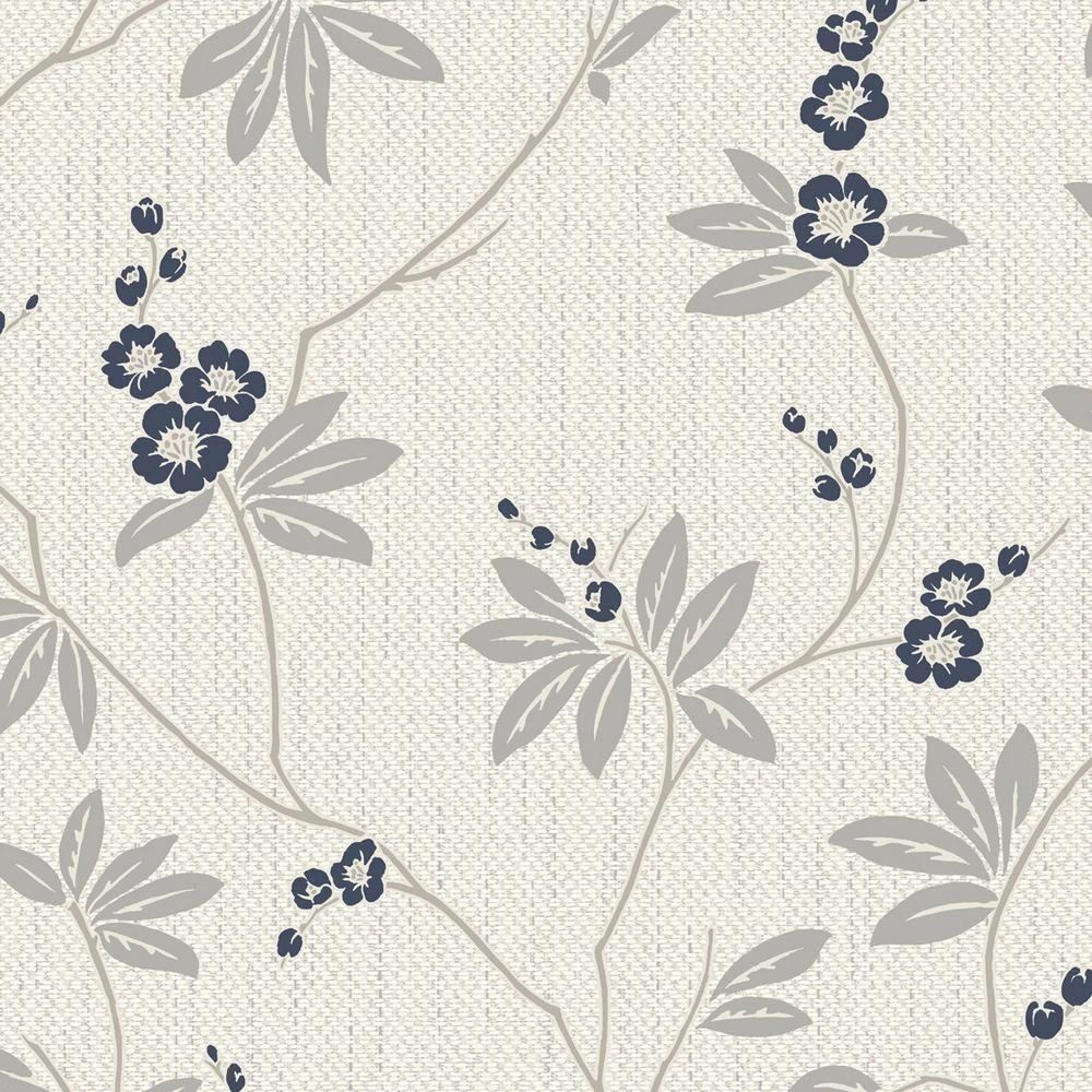 Amelie Blossom Trail White & Navy Blue Wallpaper 3023