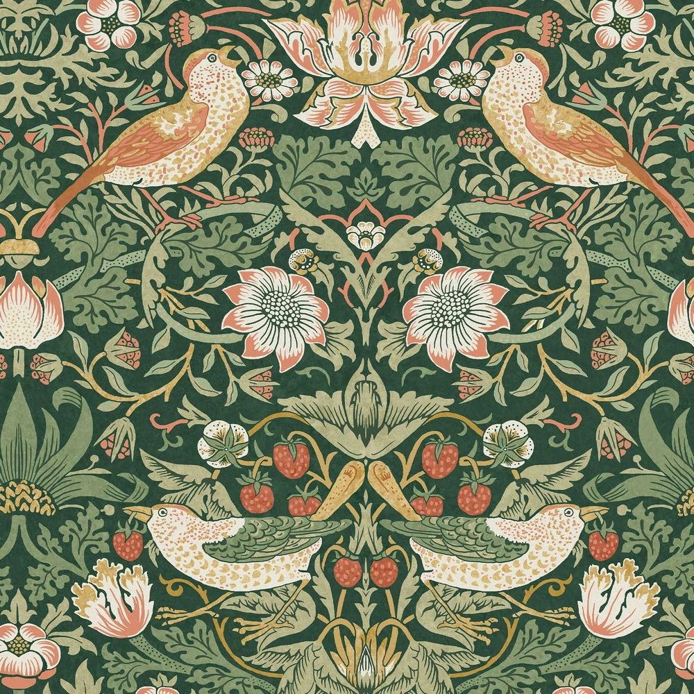 Strawberry Thief Rich Green Renowned 1883 Wallpaper by William Morris 124234