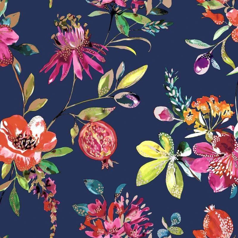Melgrano Floral Conversational Navy Blue Wallpaper 90521