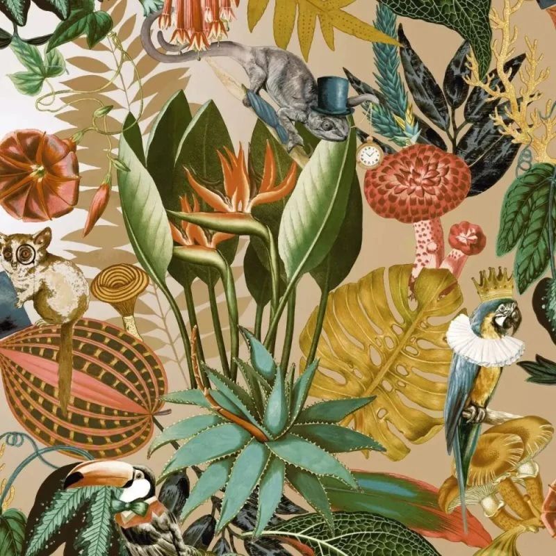 Wonderland Tropical Gold Conversational Animal Wallpaper 91191