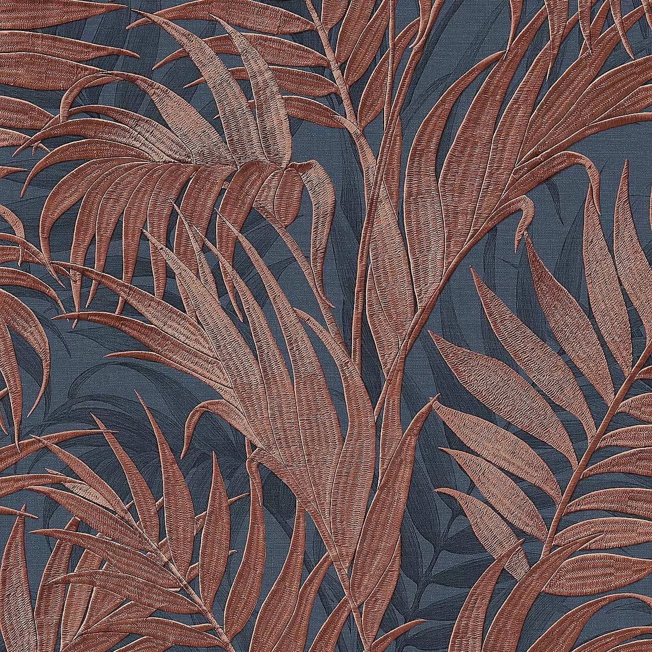 Grace Tropical Palm Leaf Blue & Copper Luxury Vinyl Wallpaper GR322109