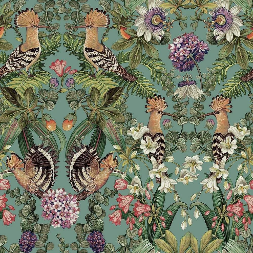 Mirrored Tropical Bird Teal Green Floral Jungle Foliage Wallpaper 13521