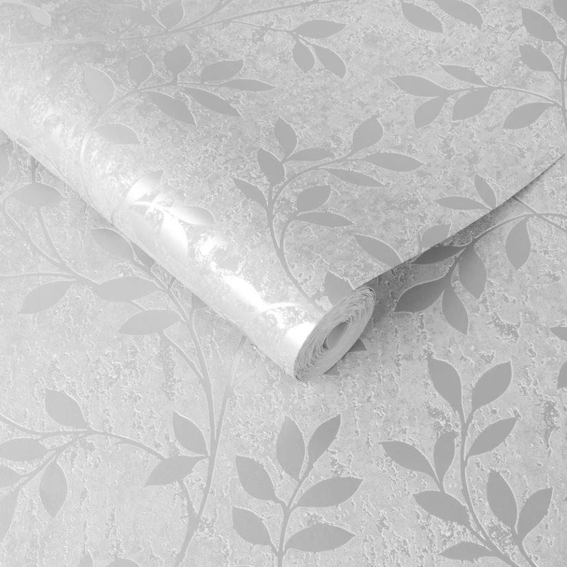 Milan Trail Grey & Metallic Silver Superfresco Leaves Wallpaper 106404