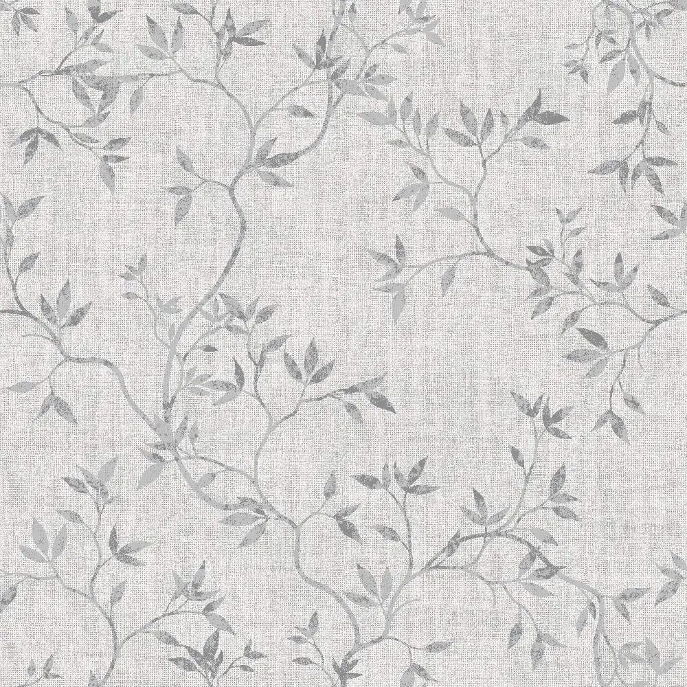 Japandi Leaf Grey & Metallic Silver Floral Darcy James Wallpaper 173571